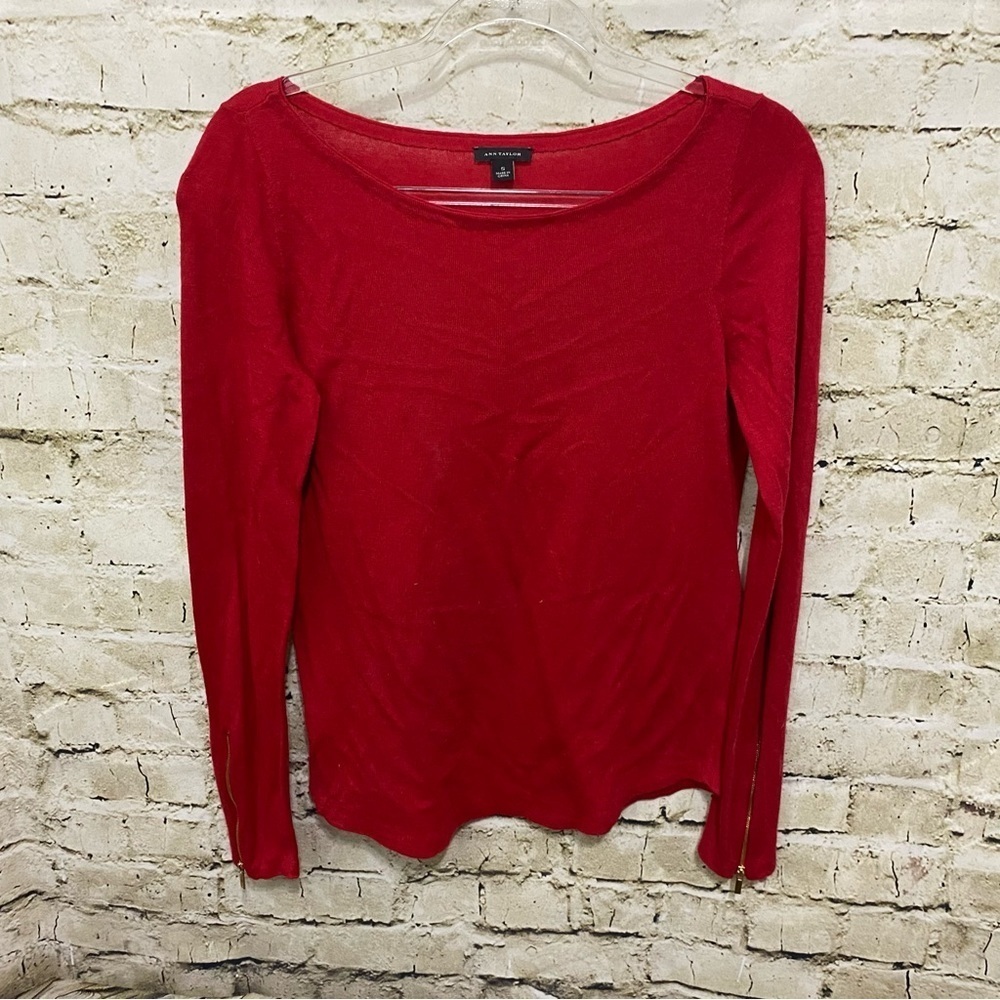 Ann Taylor Red Wool Blend Zip Sleeve Thin Knit Sweater